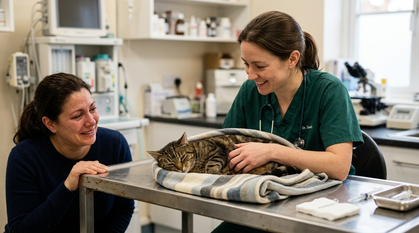 Vétérinaire examinant un chat somnolent devant son maître