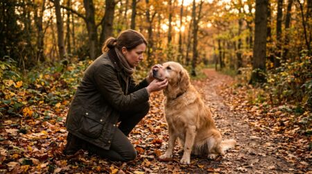 Propriétaire inquiète examinant le museau gonflé de son chien en forêt
