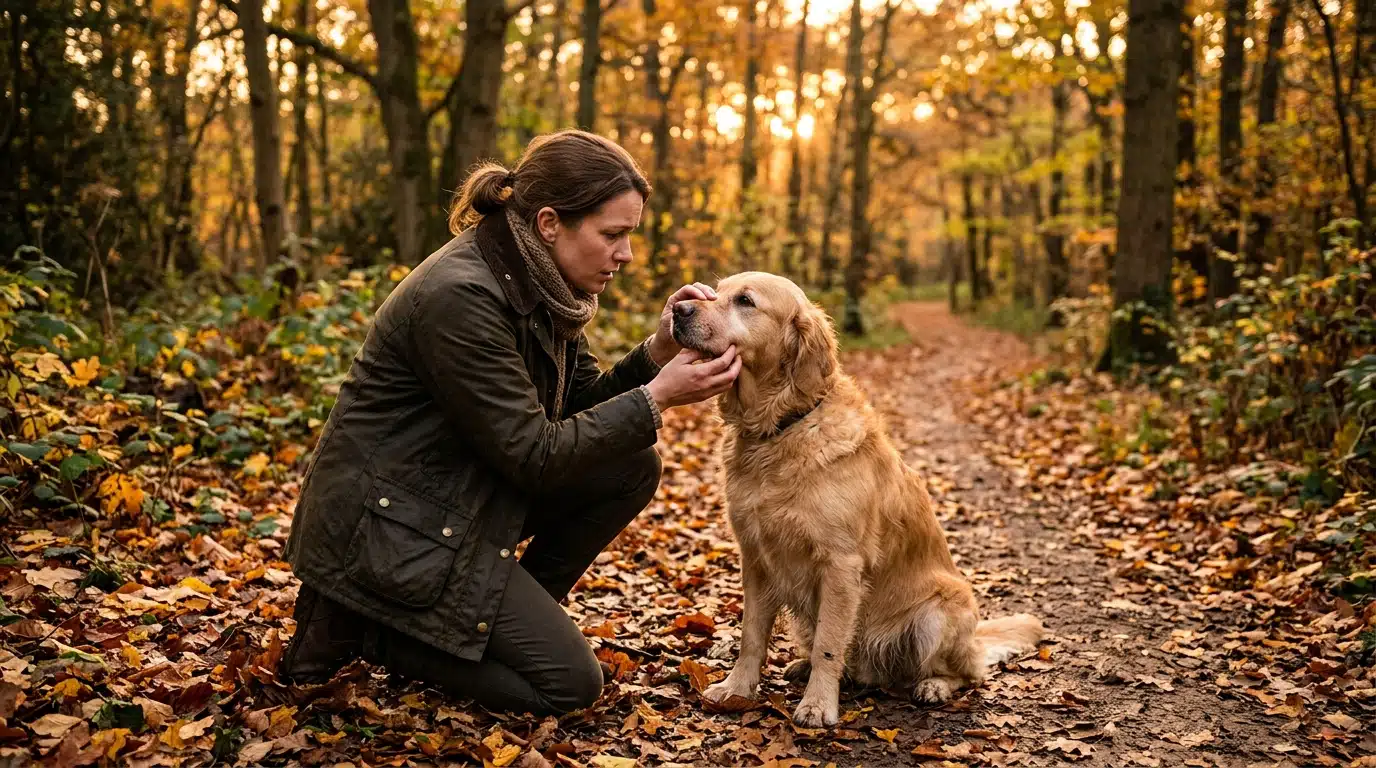 Propriétaire inquiète examinant le museau gonflé de son chien en forêt