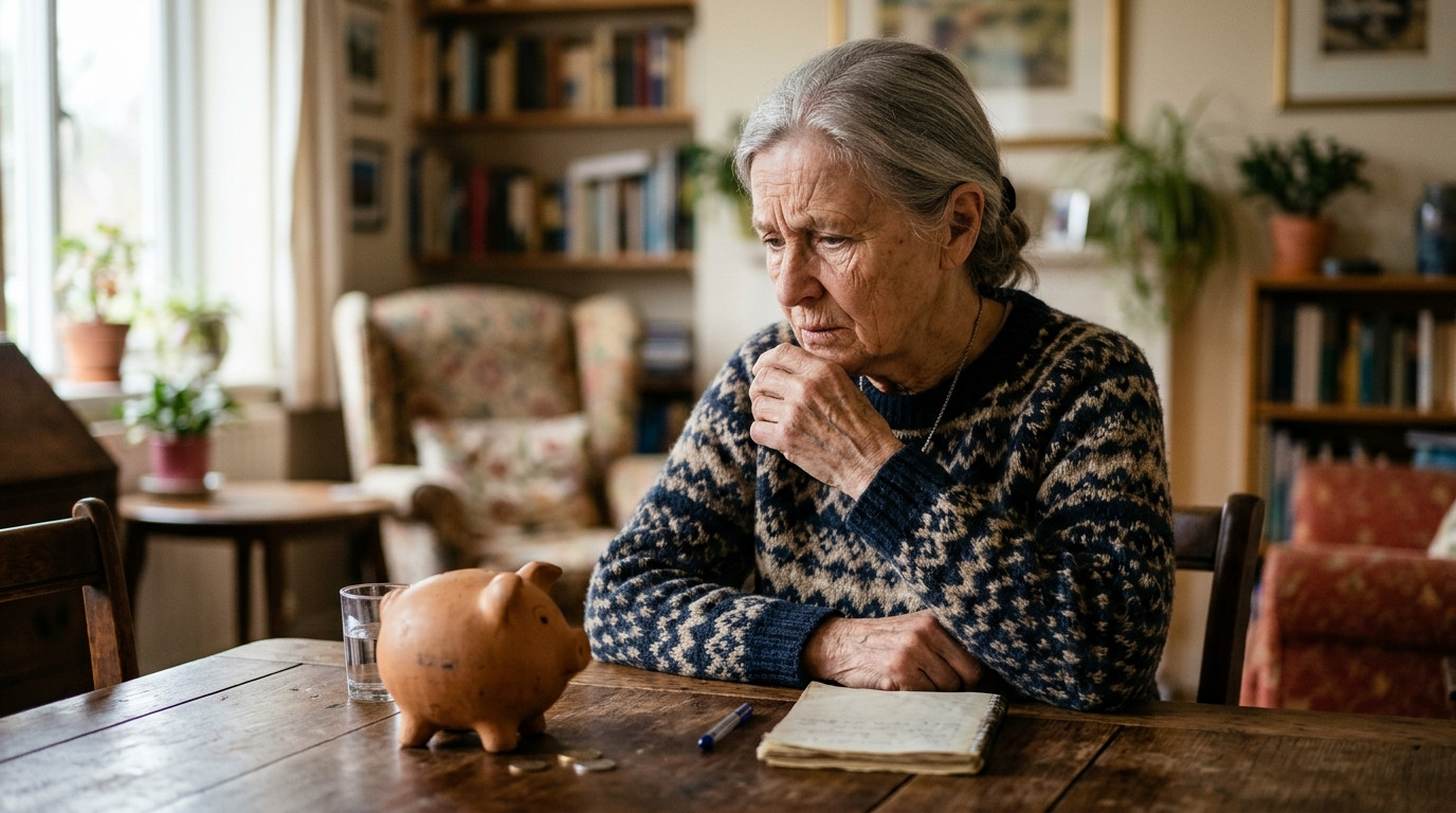 Femme âgée soucieuse devant une tirelire sur une table