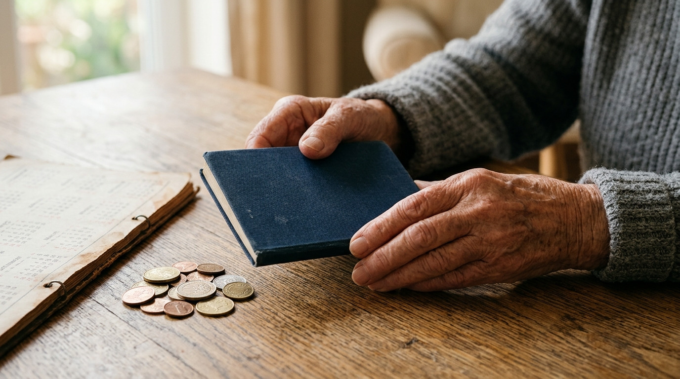 Mains âgées avec carnet fermé et pièces de monnaie