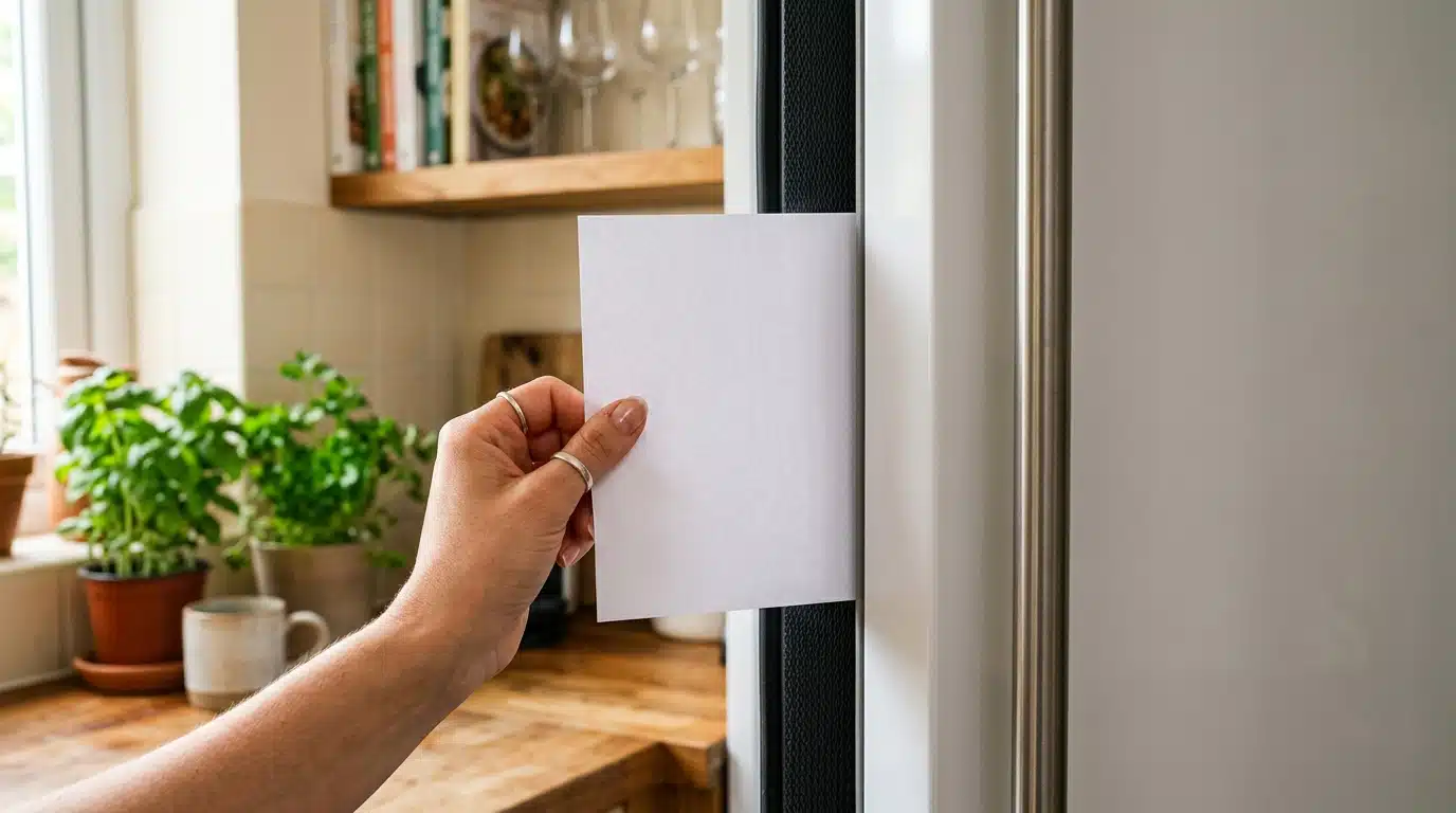 Main tenant une feuille coincée dans la porte du frigo