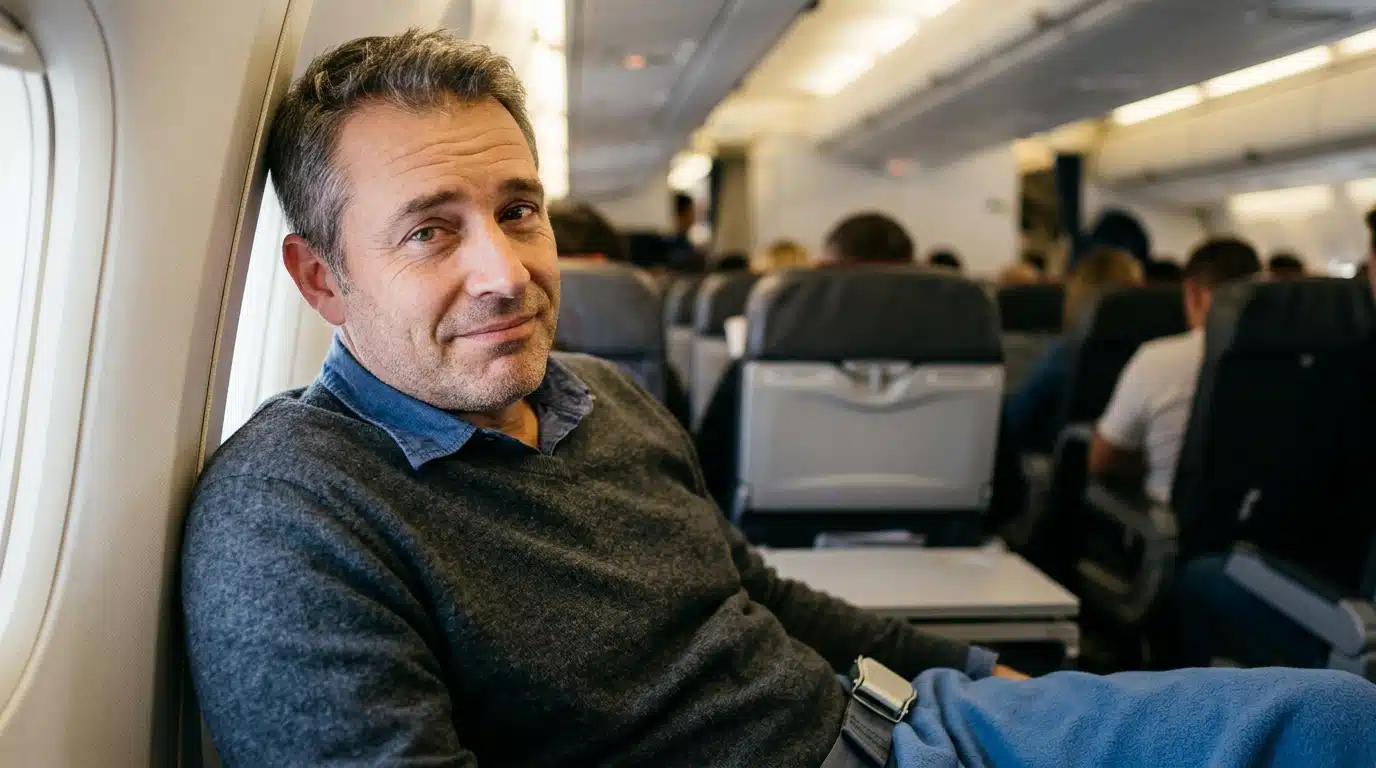 Passager d'avion au visage mi-las mi-amusé en cabine