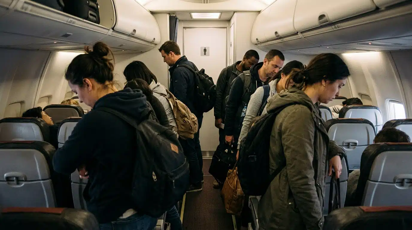 File de passagers dans l'allée devant une porte de toilettes