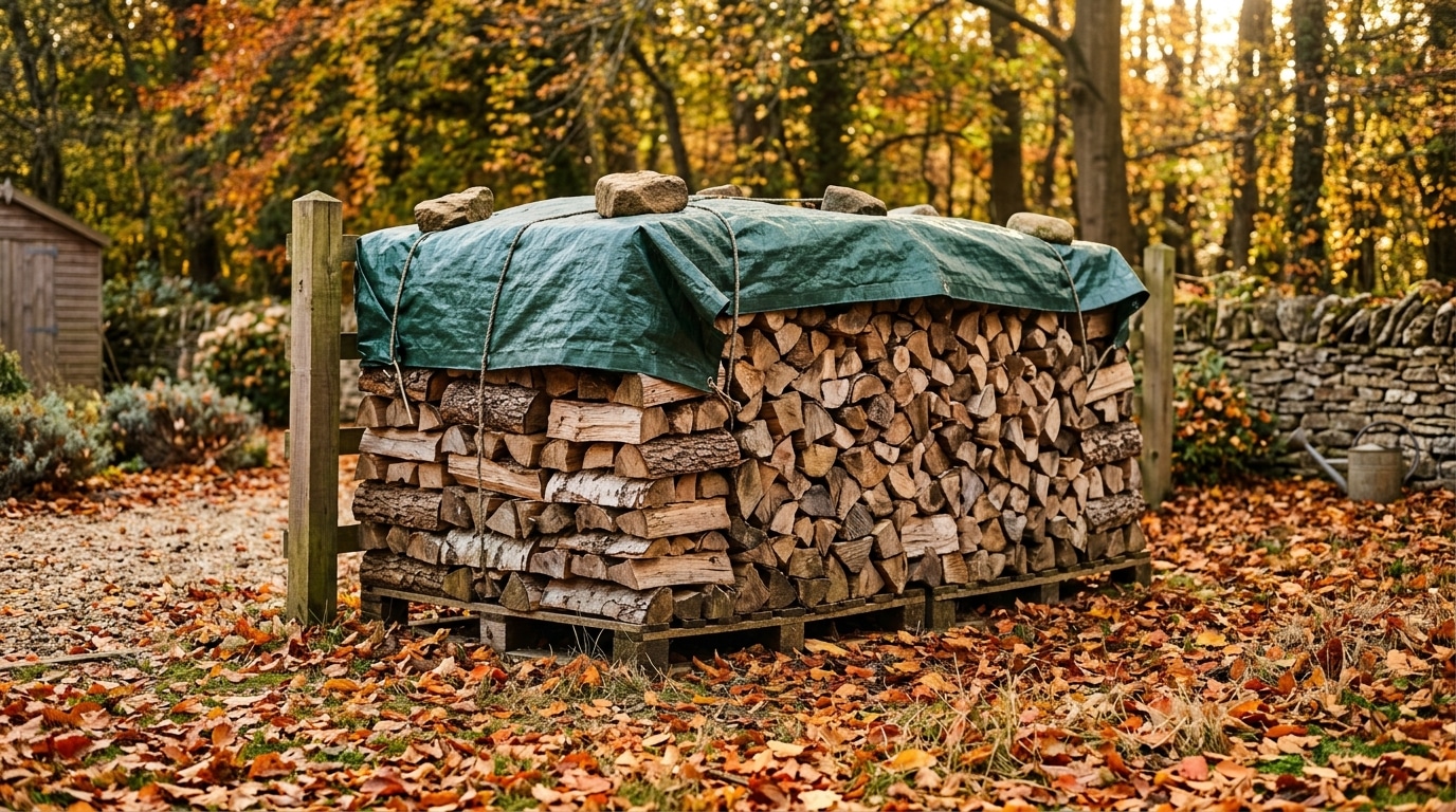 Tas de bois bâché seulement sur le dessus, côtés ouverts