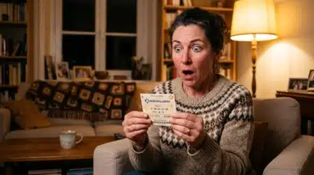 Femme stupéfaite tenant un ticket de loto gagnant