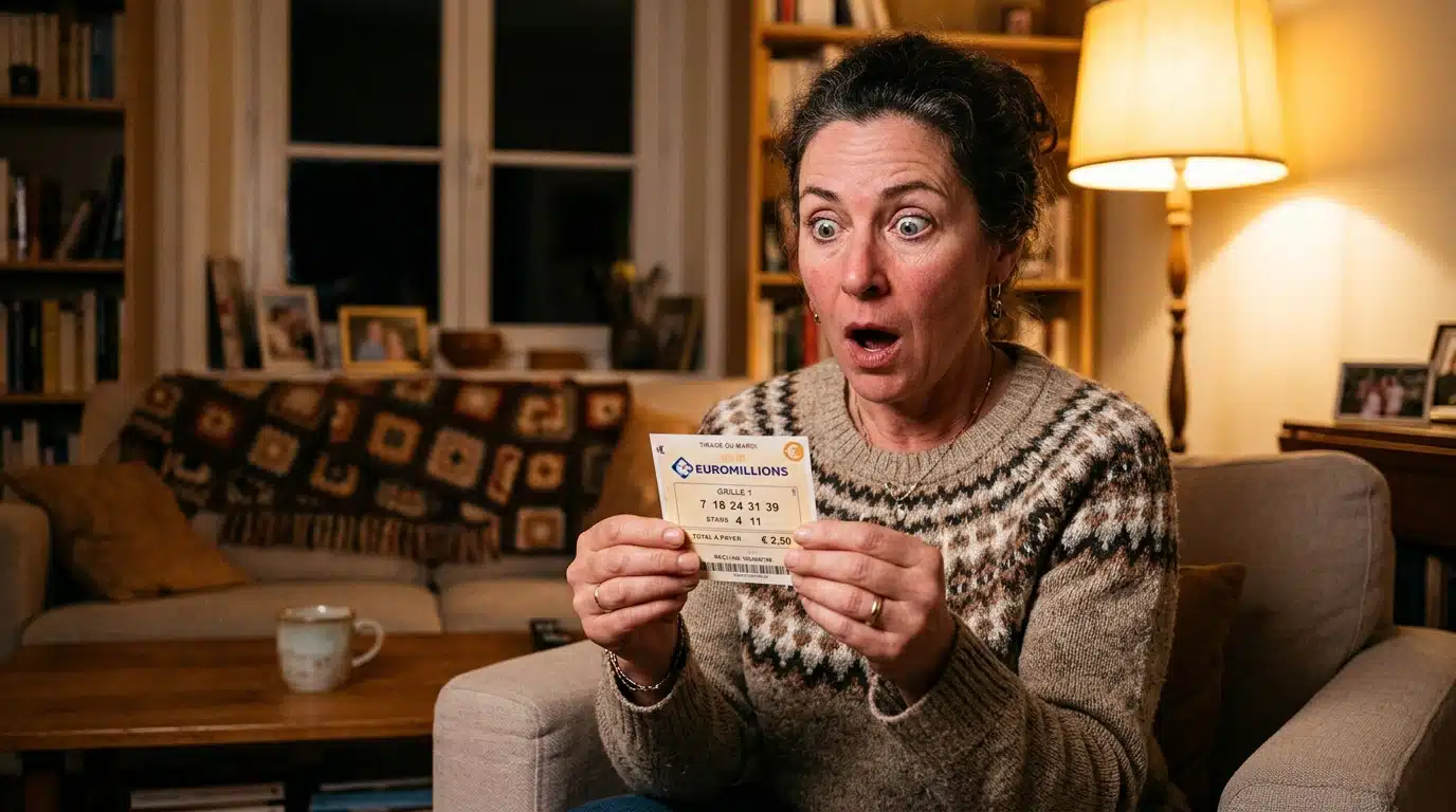 Femme stupéfaite tenant un ticket de loto gagnant