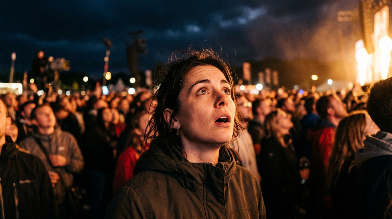 Spectateur au visage stupéfait regardant le ciel de nuit