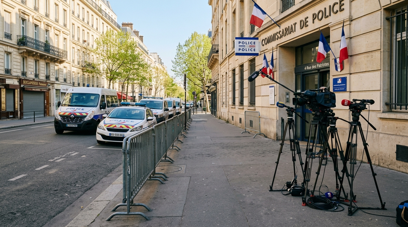 Trottoir devant un commissariat avec barrières de sécurité et matériel de tournage télévisé