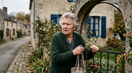 Voisine inquiète devant le portail d'une maison de village