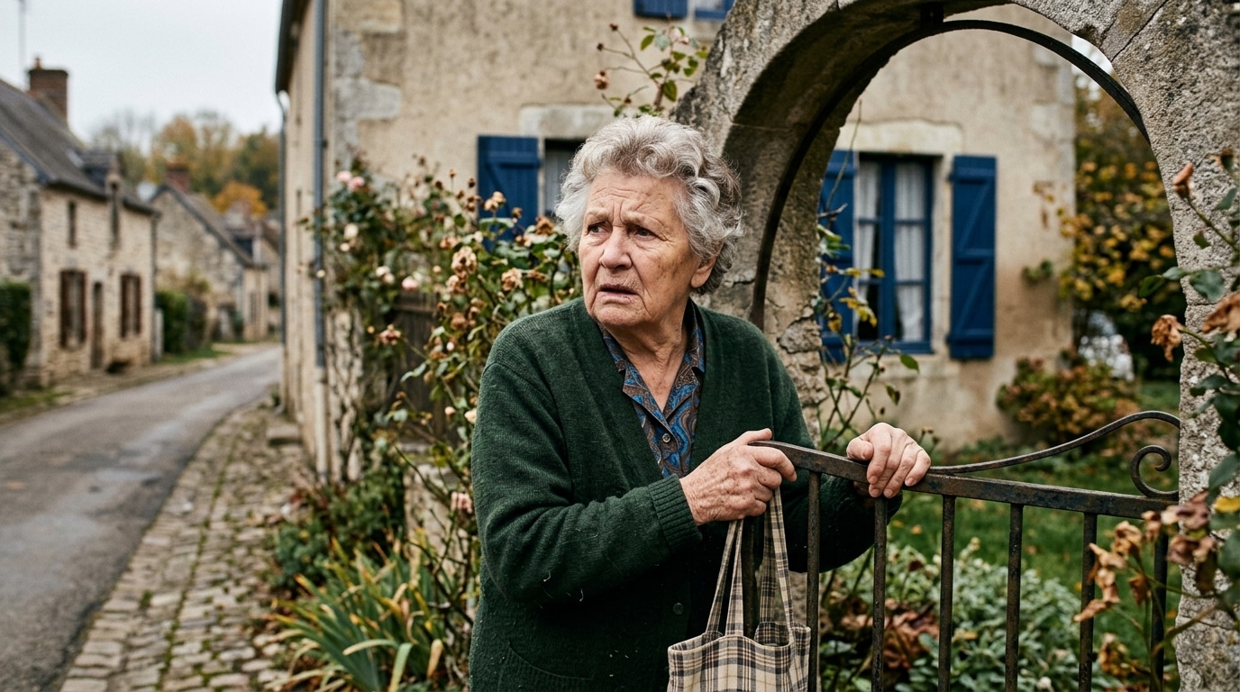 Voisine inquiète devant le portail d'une maison de village