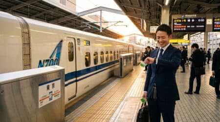 Voyageur consultant sa montre devant un Shinkansen