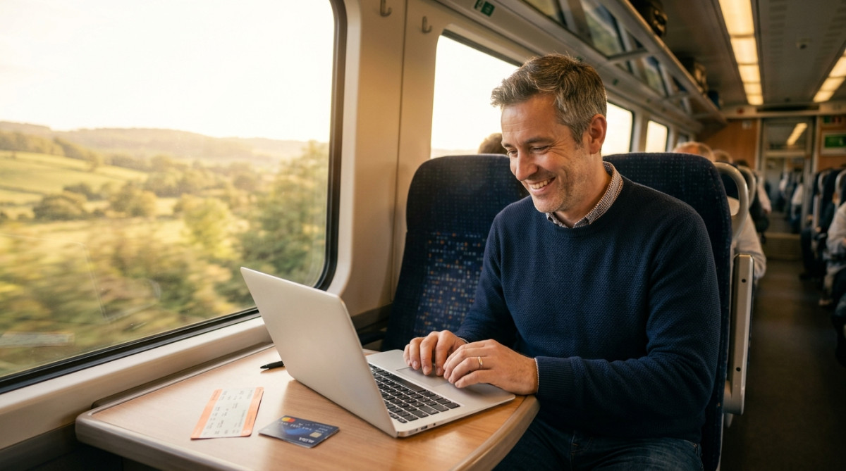 Voyageur demandant son remboursement SNCF sur son ordinateur dans le train