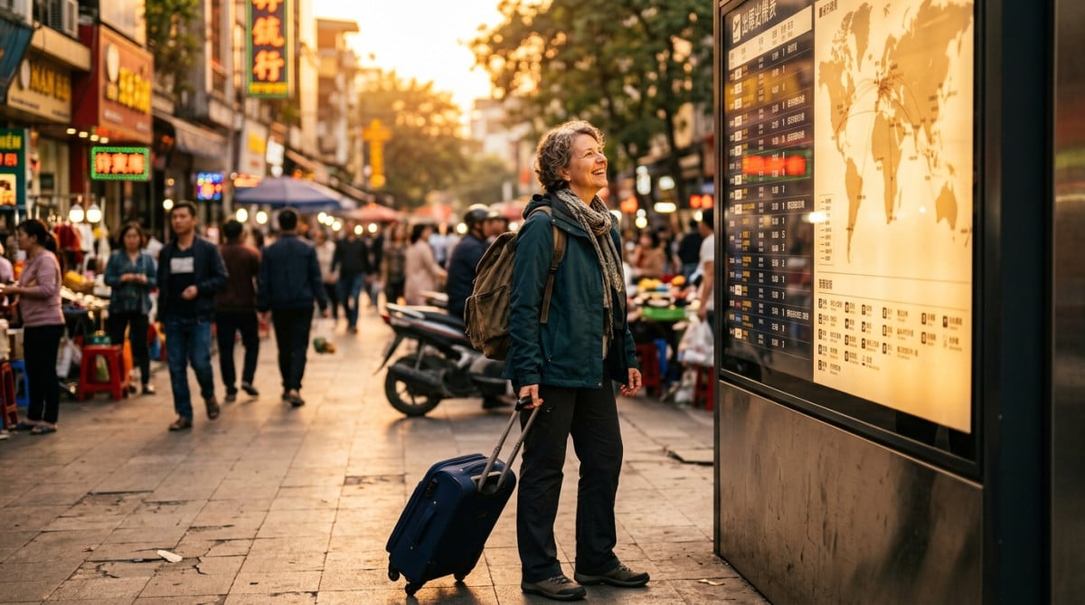 Voyageur souriant avec valise dans une rue asiatique