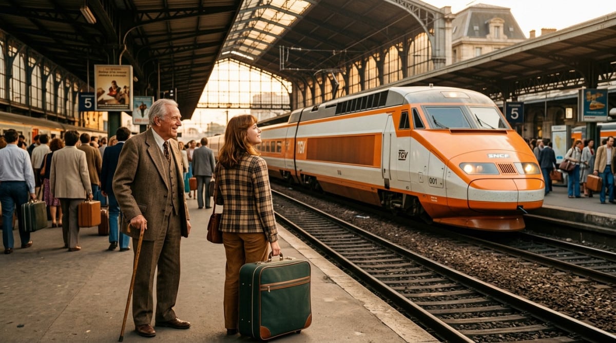 Voyageurs devant un TGV orange en 1981