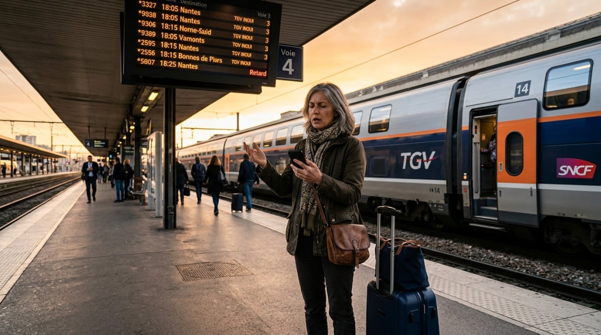Voyageuse agacée sur un quai de gare face à un TGV