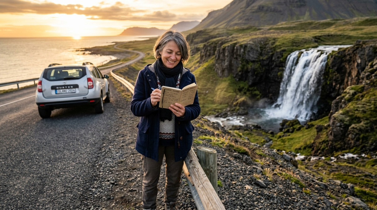 Voyageuse souriante sur une route côtière d'Islande