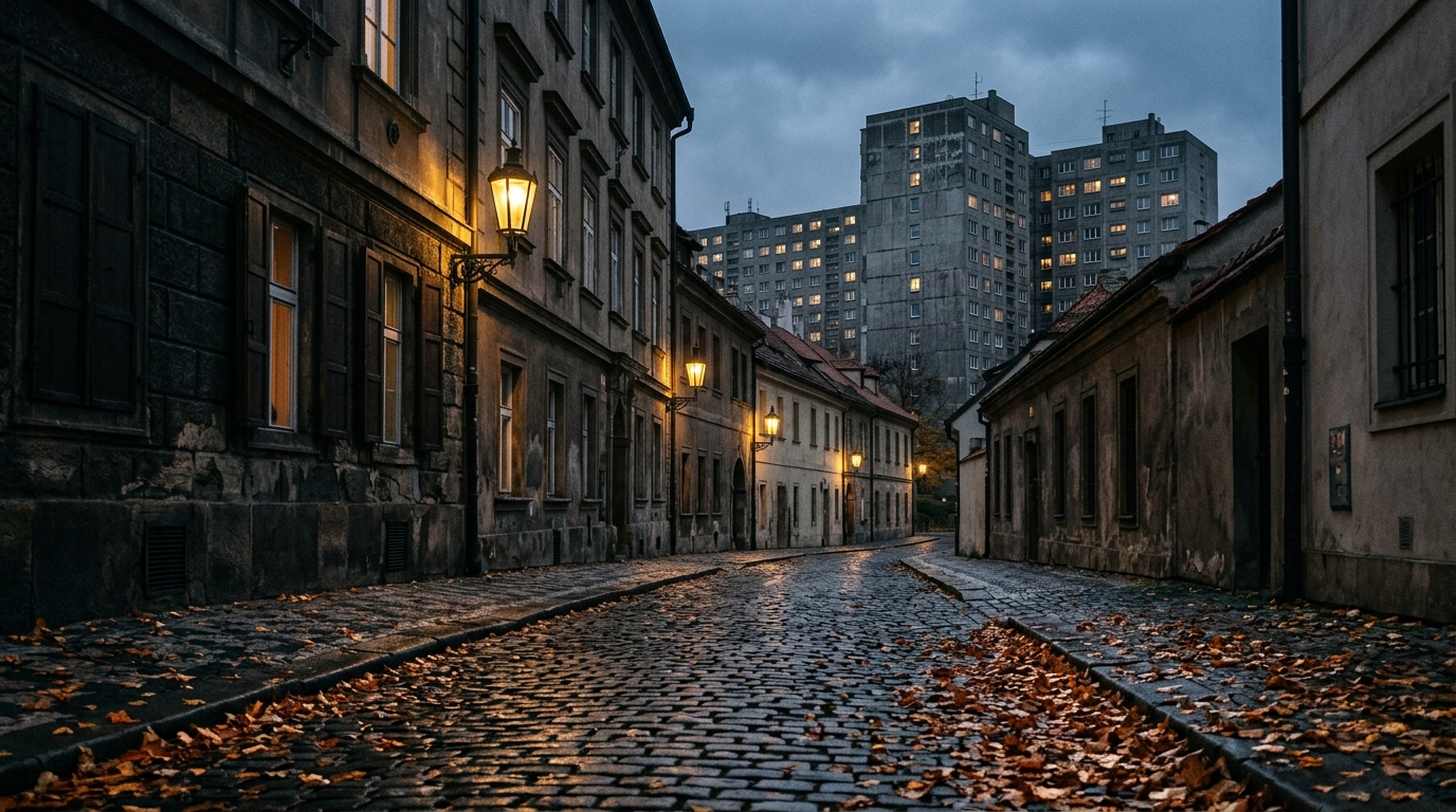 Rue pavée et immeubles gris sous la lumière d'automne