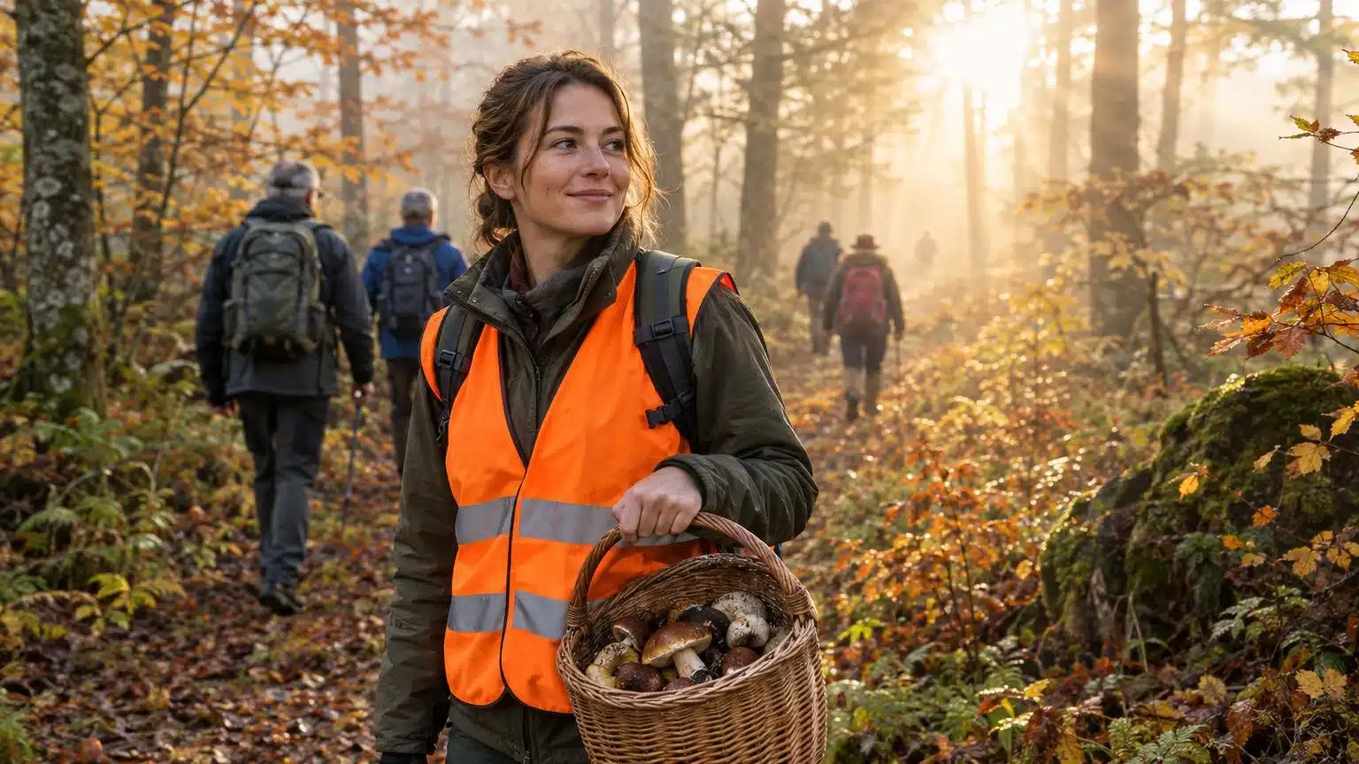 Cueilleuse de champignons en gilet orange dans une forêt d'automne
