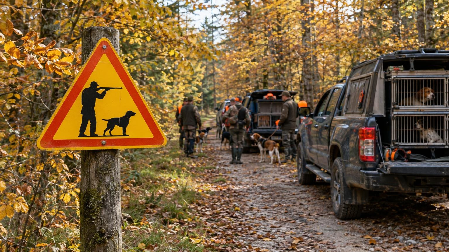Panneau de battue à l'entrée d'un chemin forestier avec camionnettes