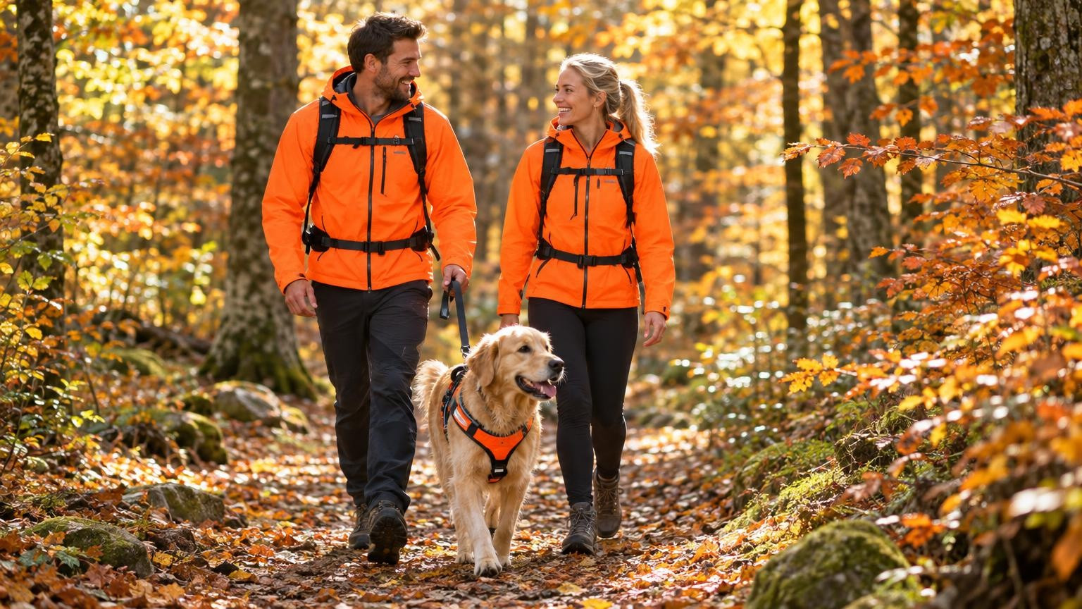 Couple et chien en tenue fluo sur un sentier en forêt