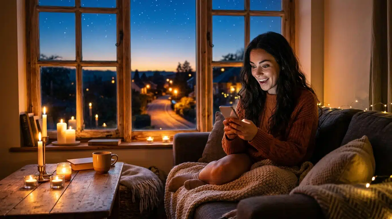 Femme surprise et souriante en lisant un message au crépuscule