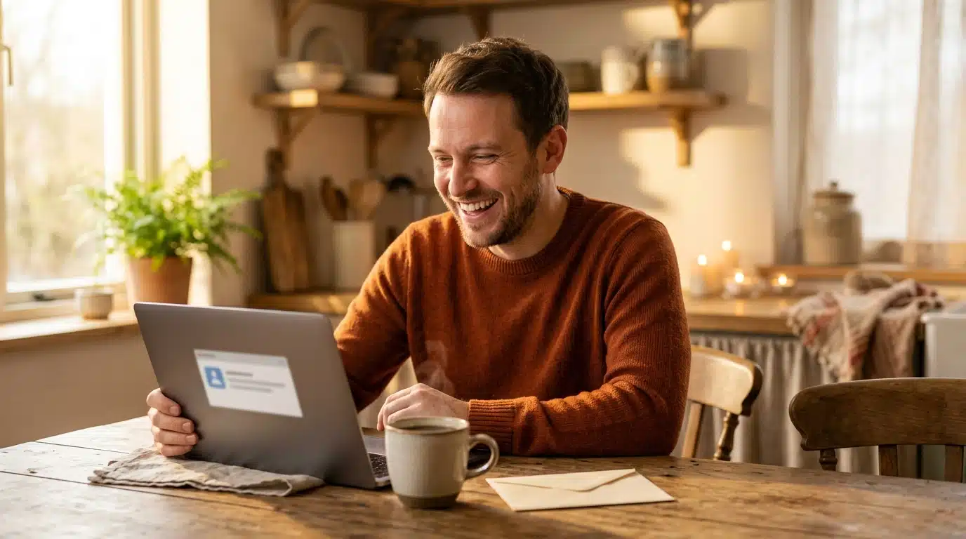 Homme heureux découvrant une bonne nouvelle financière le matin