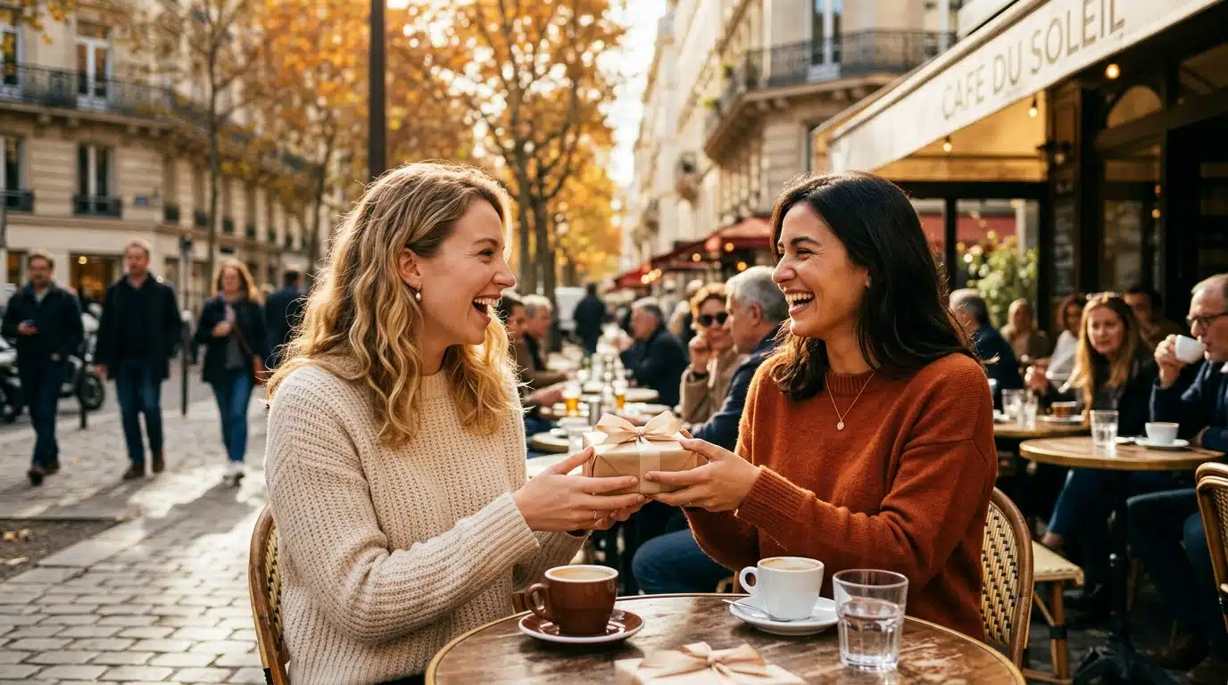 Deux amis complices sur une terrasse de café en automne