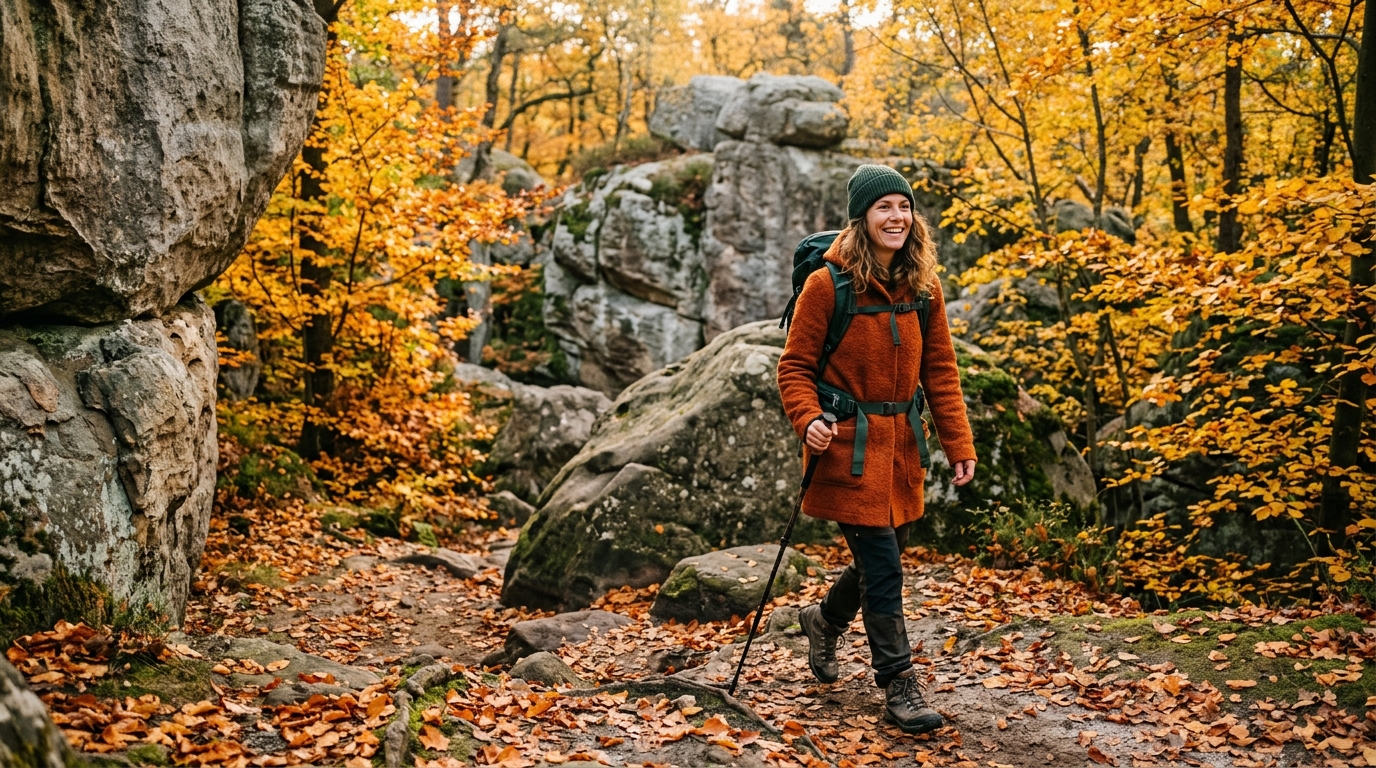 Randonneuse parmi les rochers de la forêt de Fontainebleau en automne