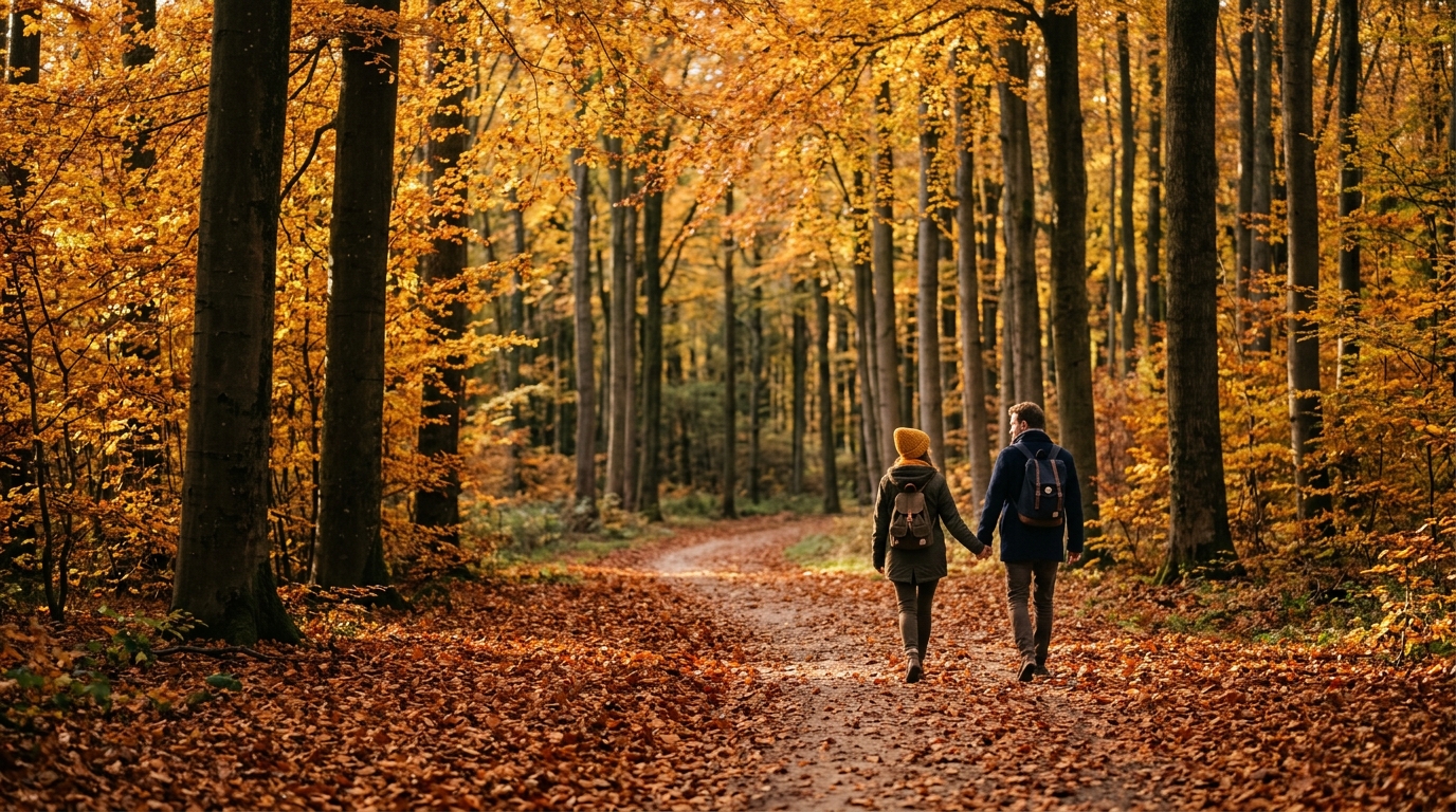 Couple marchant sur un tapis de feuilles dorées à Compiègne