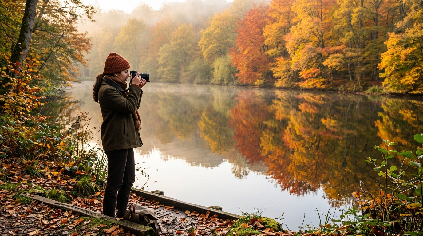 Femme photographiant un étang aux reflets orangés à Rambouillet
