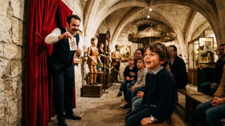 Enfant fasciné par un tour de magie au musée