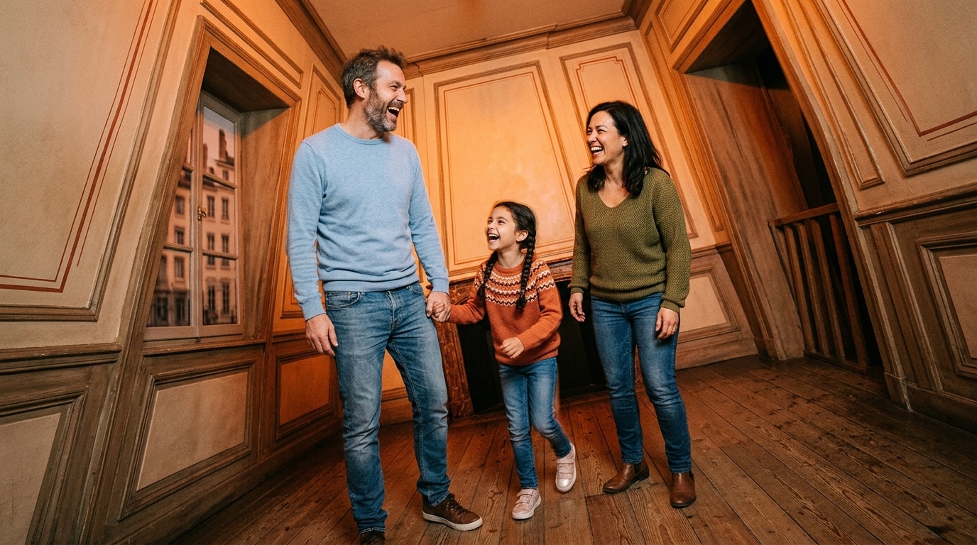 Famille rieuse dans une salle d'illusions d'optique