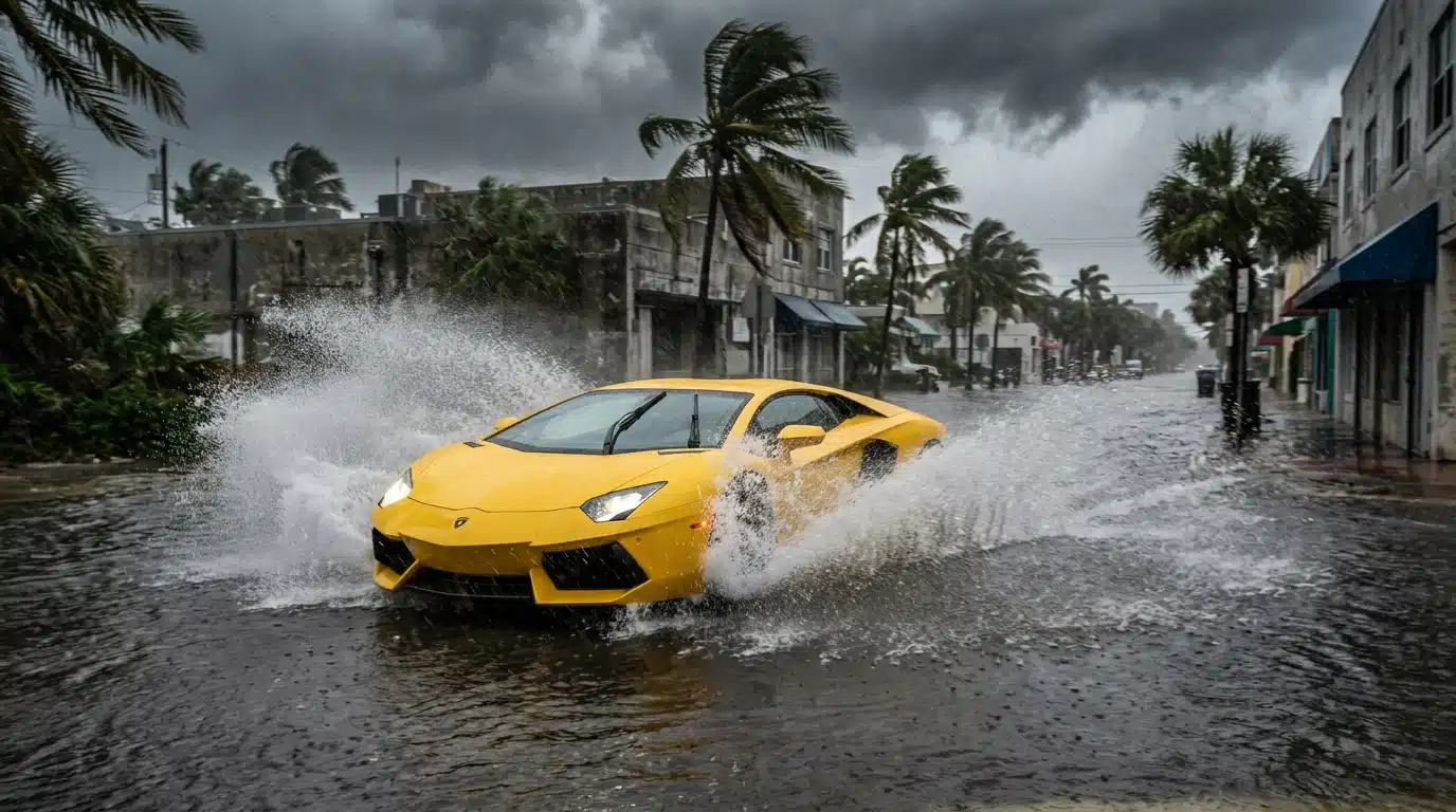 Supercar jaune traversant une rue inondée sous la tempête