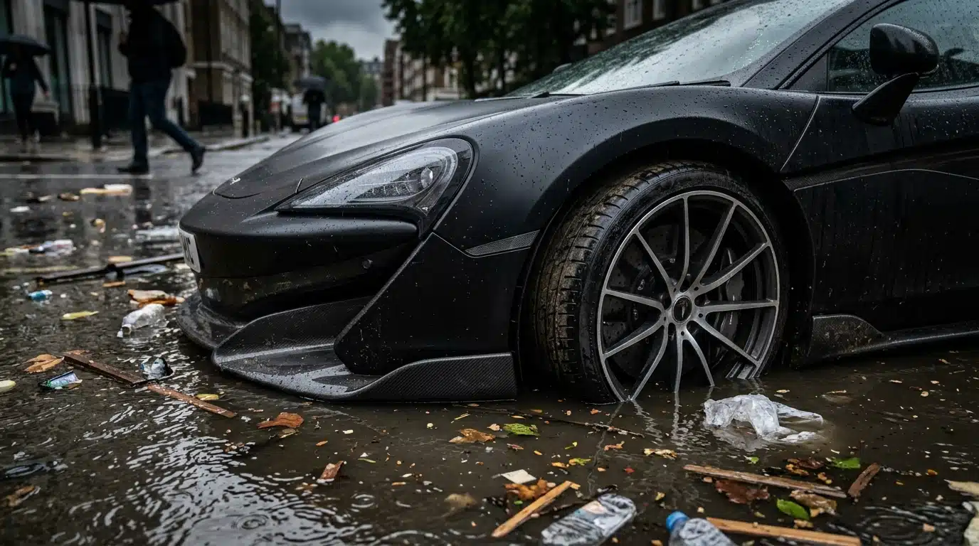 Roue de supercar plongée dans une eau trouble