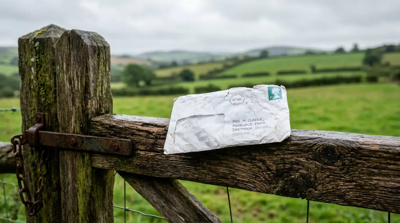Enveloppe officielle posée sur une barrière de ferme, symbole de l'ordre d'expulsion