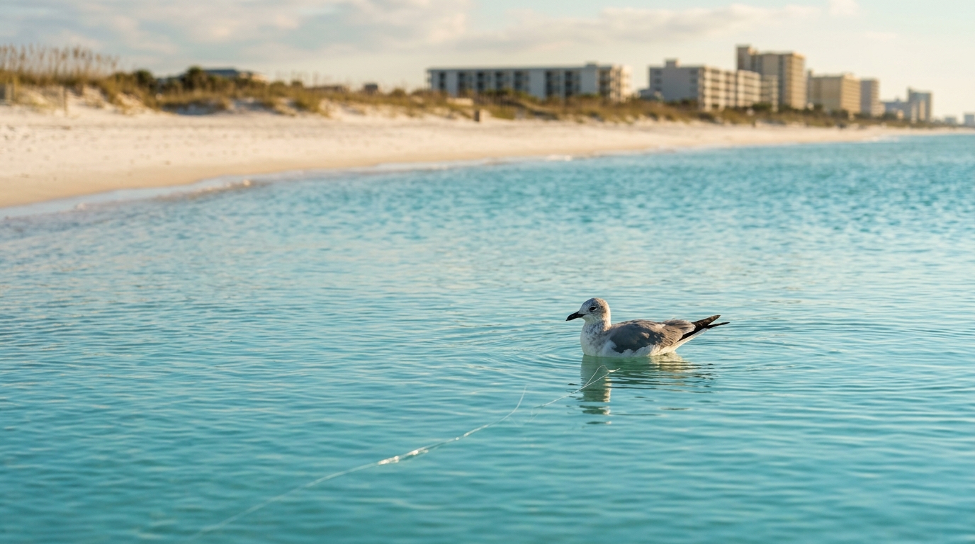 Mouette sur l'eau près d'une crique avec une ligne de pêche