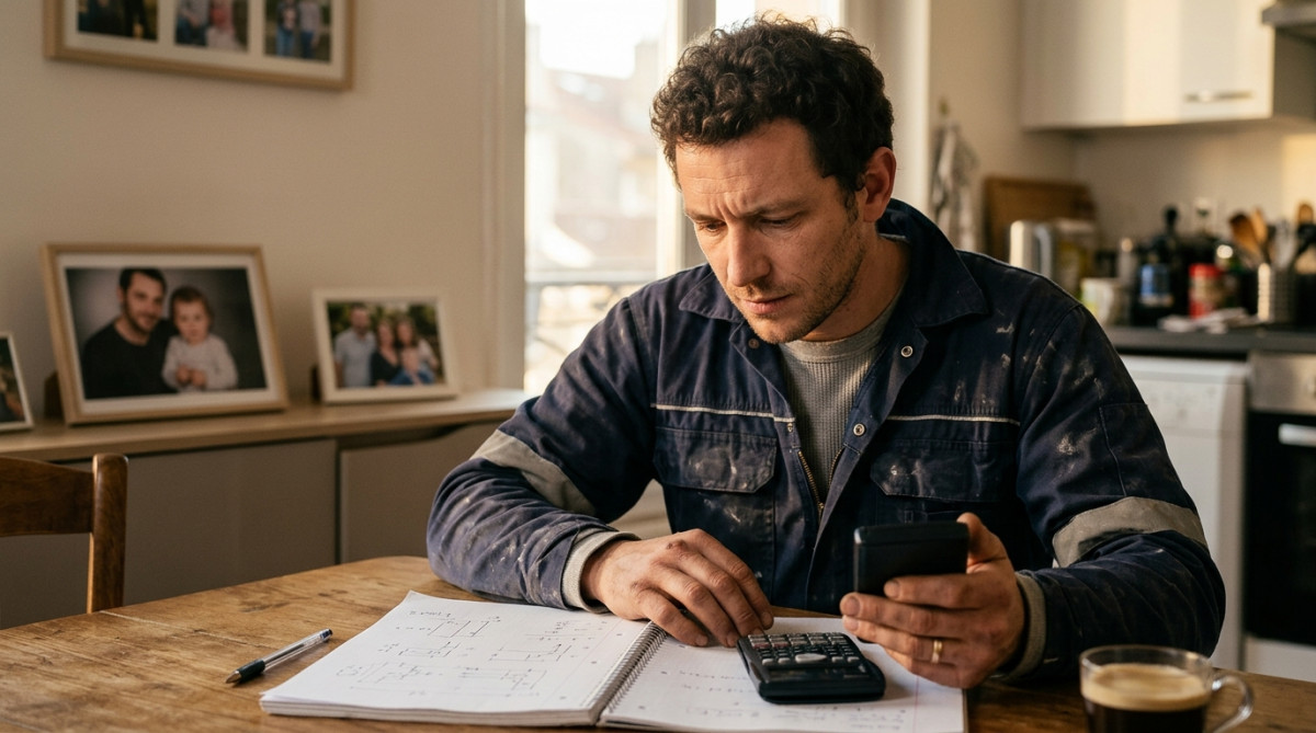 Yoann, électricien, calcule son budget mensuel à la table de cuisine