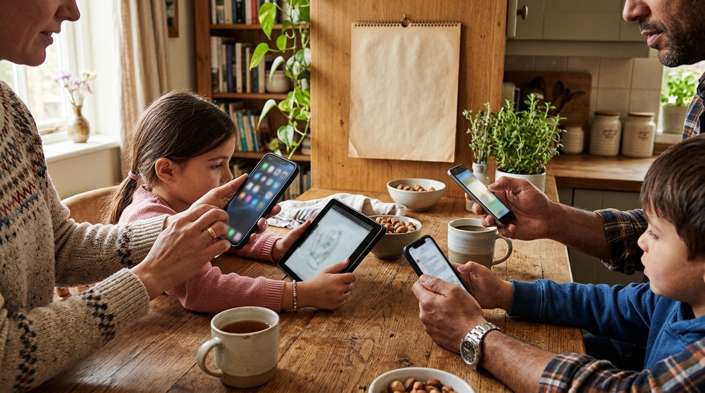Mains d'une famille autour de téléphones sur une table