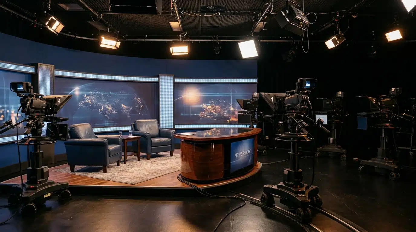 Plateau de télévision vide avec deux fauteuils éclairés