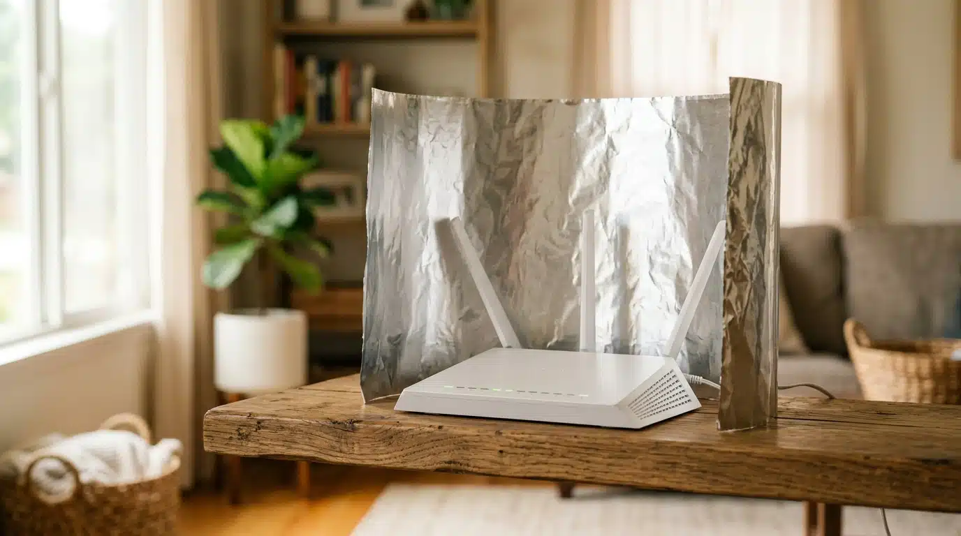 Routeur Wi-Fi avec feuille d'aluminium courbée derrière lui