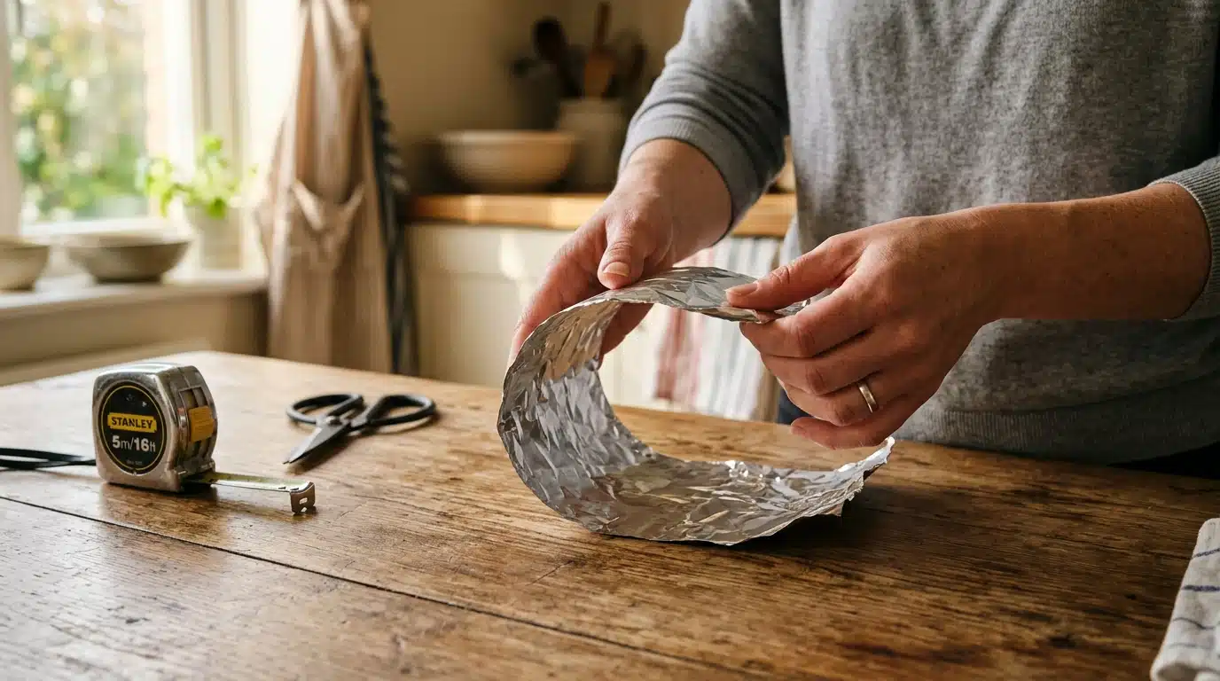Mains pliant une feuille d'aluminium en forme de C