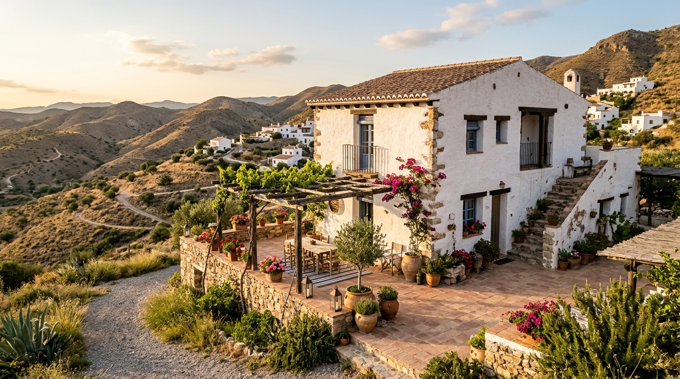 Maison blanche traditionnelle avec grande terrasse dans un hameau andalou, au milieu des collines sèches de la région d'Almería