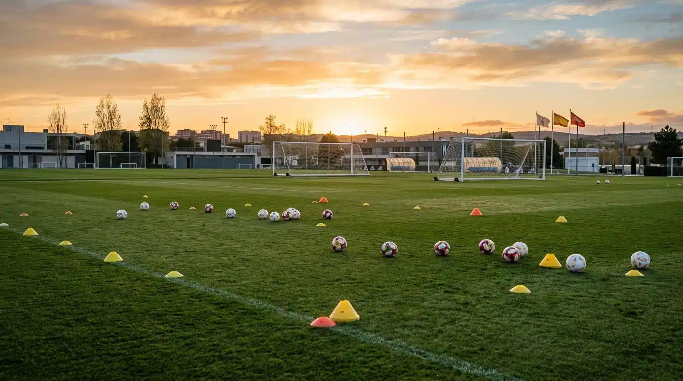 Terrain d'entraînement d'une académie de football à Madrid au coucher du soleil