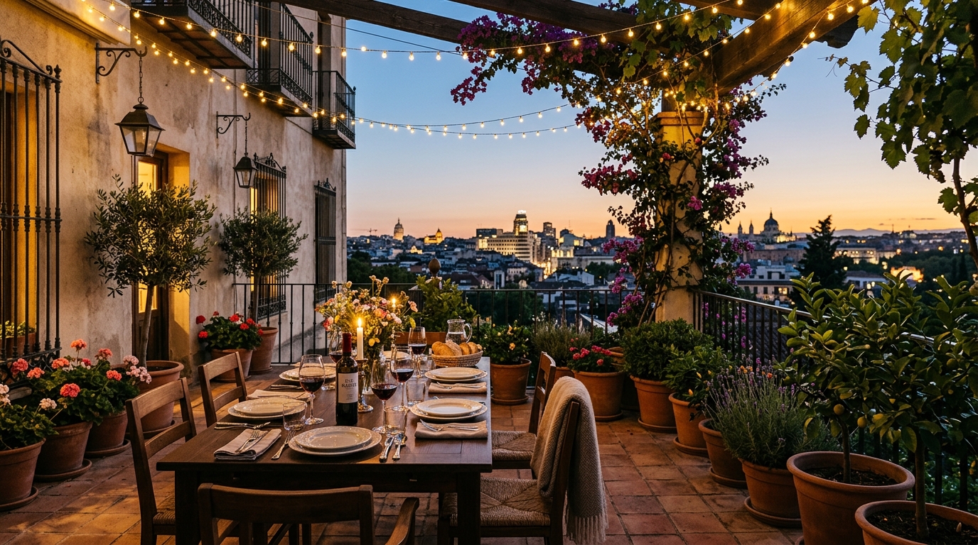 Terrasse de villa madrilène dressée pour un dîner de famille au crépuscule