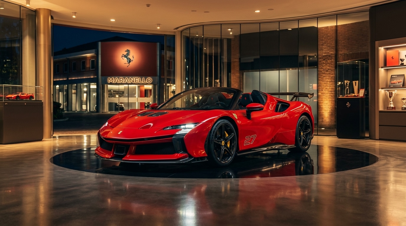 Une Ferrari SF90 XX Spider dans un showroom de luxe à Maranello